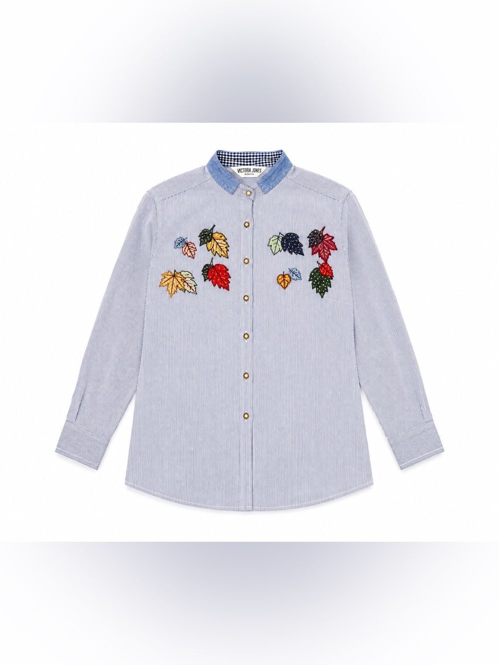 Victoria Jones Woman 20W Blue Pinstripe Leaf Applique Button Shirt Cotton